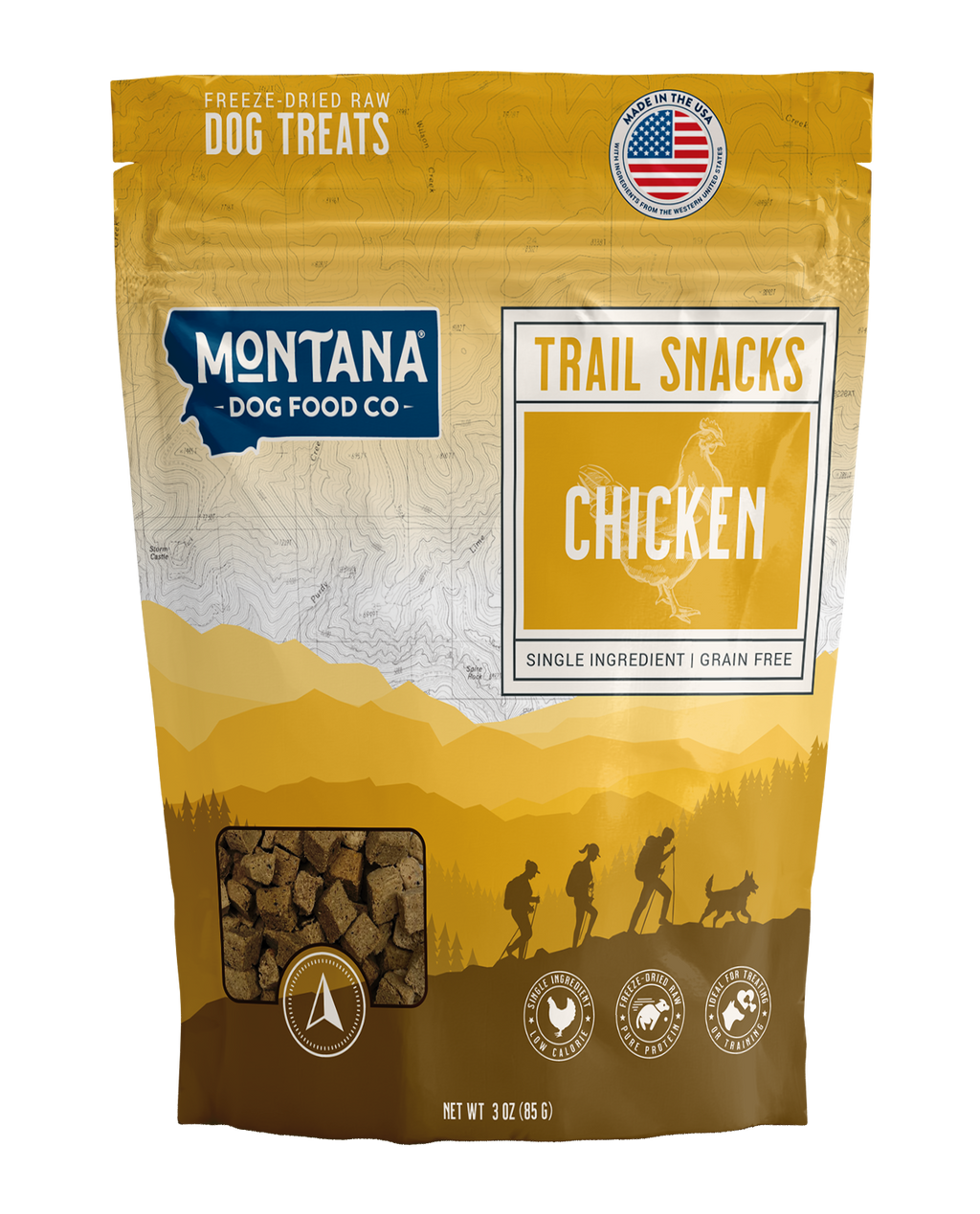 Montana Dog Food Co. trail snacks packaging with chicken flavor on a white background