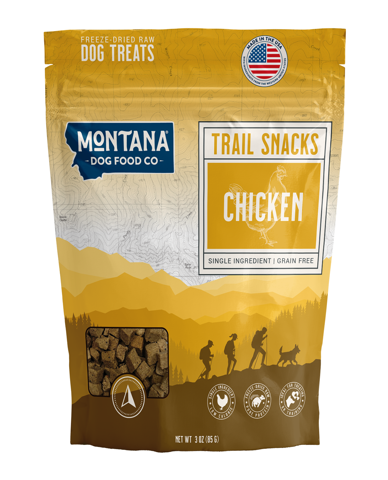 Montana Dog Food Co. trail snacks packaging with chicken flavor on a white background