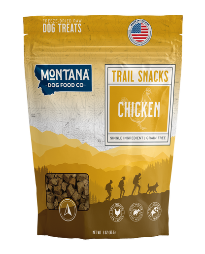Montana Dog Food Co. trail snacks packaging with chicken flavor on a white background