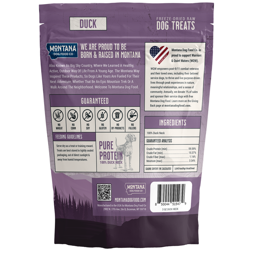 Back view of a purple dog treat package with text and graphics on a white background