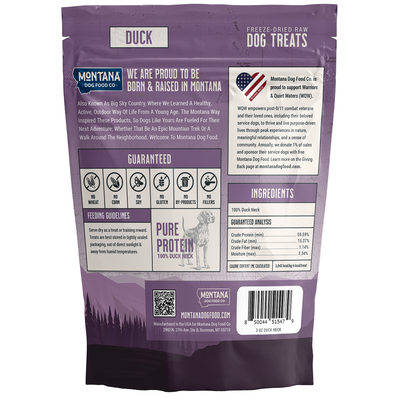 Back view of a purple dog treat package with text and graphics on a white background