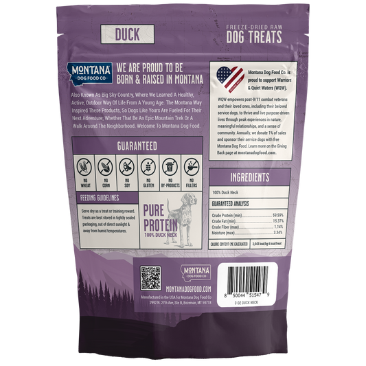 Back view of a purple dog treat package with text and graphics on a white background