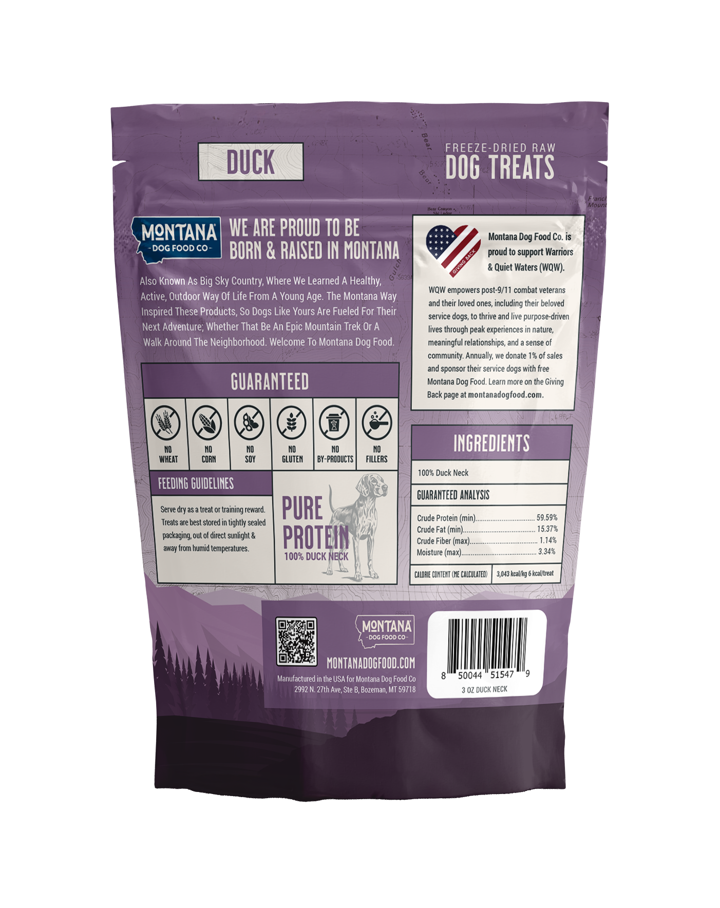 Back view of a purple dog treat package with text and graphics on a white background