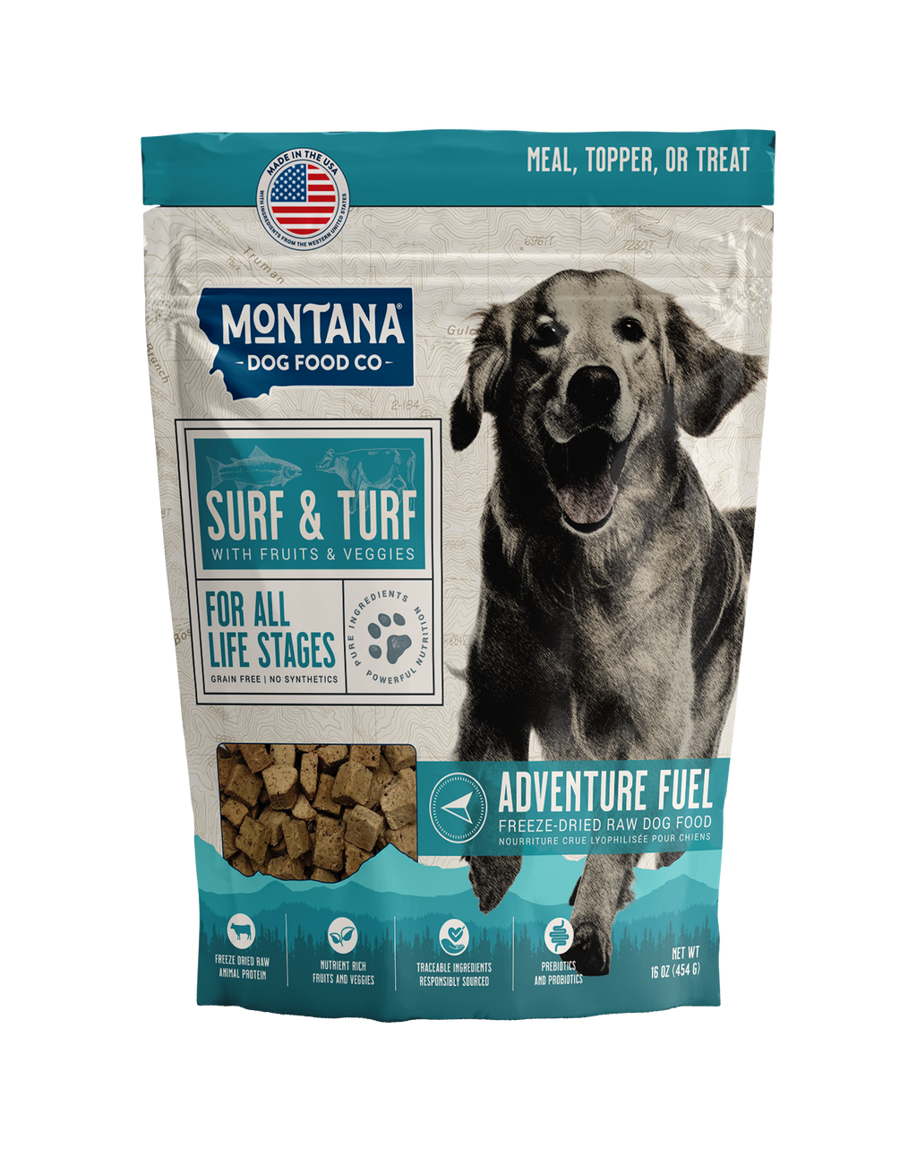 Montana Dog Food Co. Surf & Turf dog food package with a dog on the label.