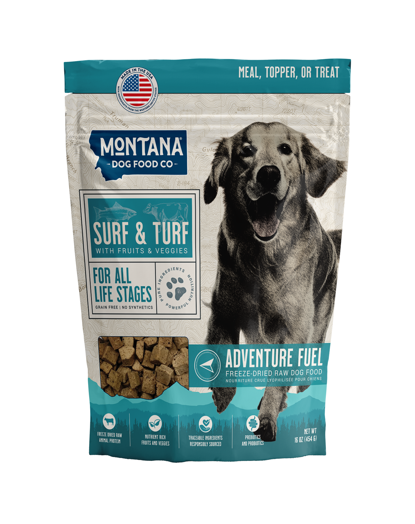 Montana Dog Food Co. Surf & Turf dog food package with a dog on the label.