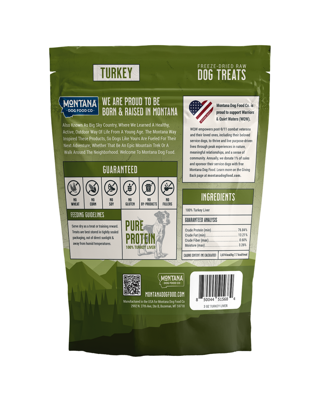 Green package of Montana Dog Food Co. turkey dog treats with text and branding.