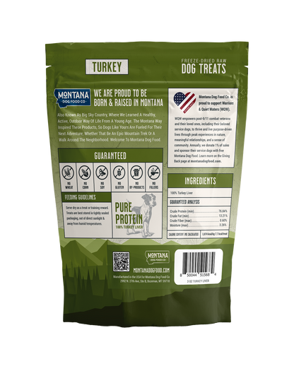Green package of Montana Dog Food Co. turkey dog treats with text and branding.