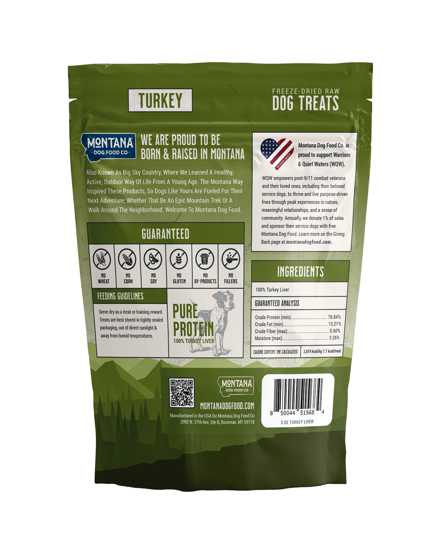 Green package of Montana Dog Food Co. turkey dog treats with text and branding.