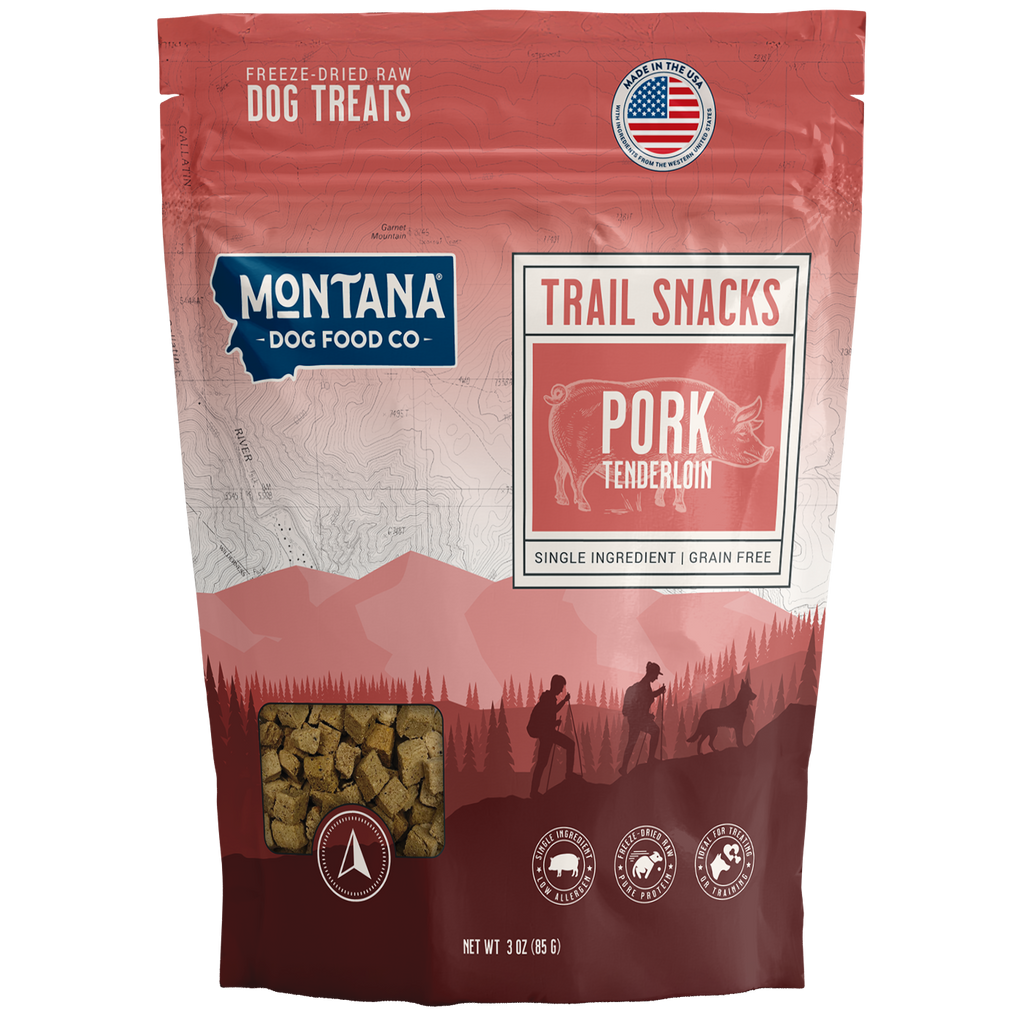 Montana Dog Food Co. trail snacks packaging with pork flavor on a white background