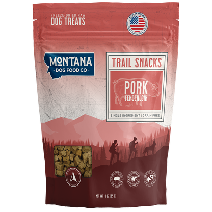Montana Dog Food Co. trail snacks packaging with pork flavor on a white background