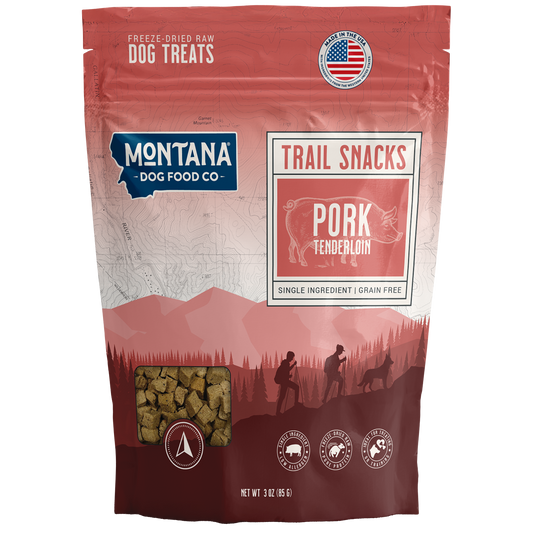 Montana Dog Food Co. trail snacks packaging with pork flavor on a white background