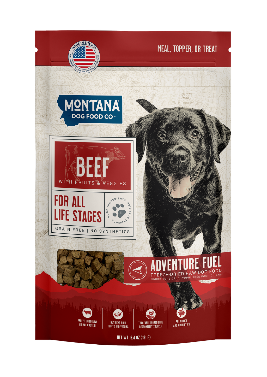 Montana Dog Food Co. beef dog food package on a white background