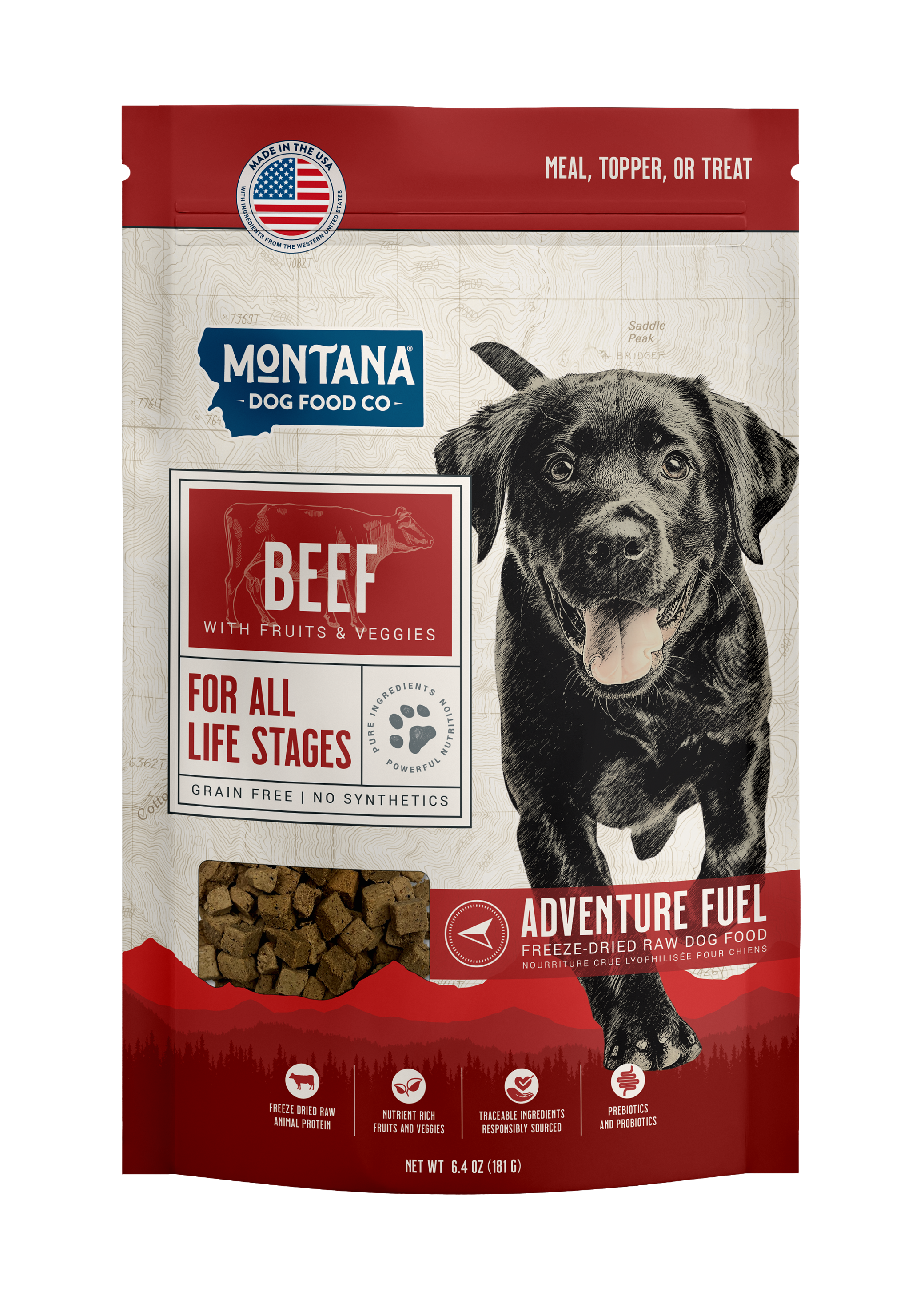 Montana Dog Food Co. beef dog food package on a white background