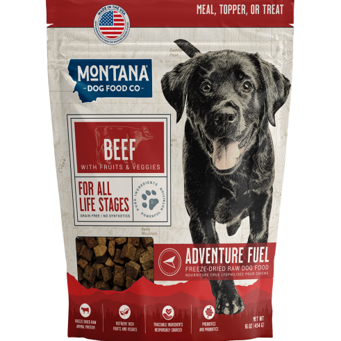 Montana Dog Food Co. beef dog food package with a black dog on a white background