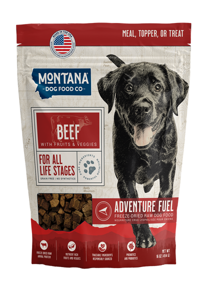 Dog food package from Montana Dog Food Co with a black dog on the label.