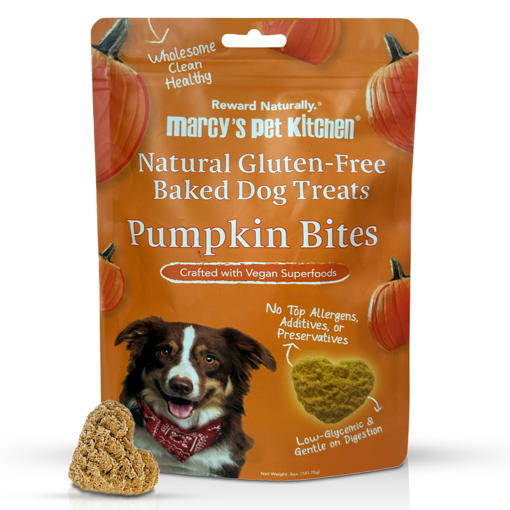 Package of marcy's pet kitchen natural gluten-free baked dog treats pumpkin bites with a dog on the label.