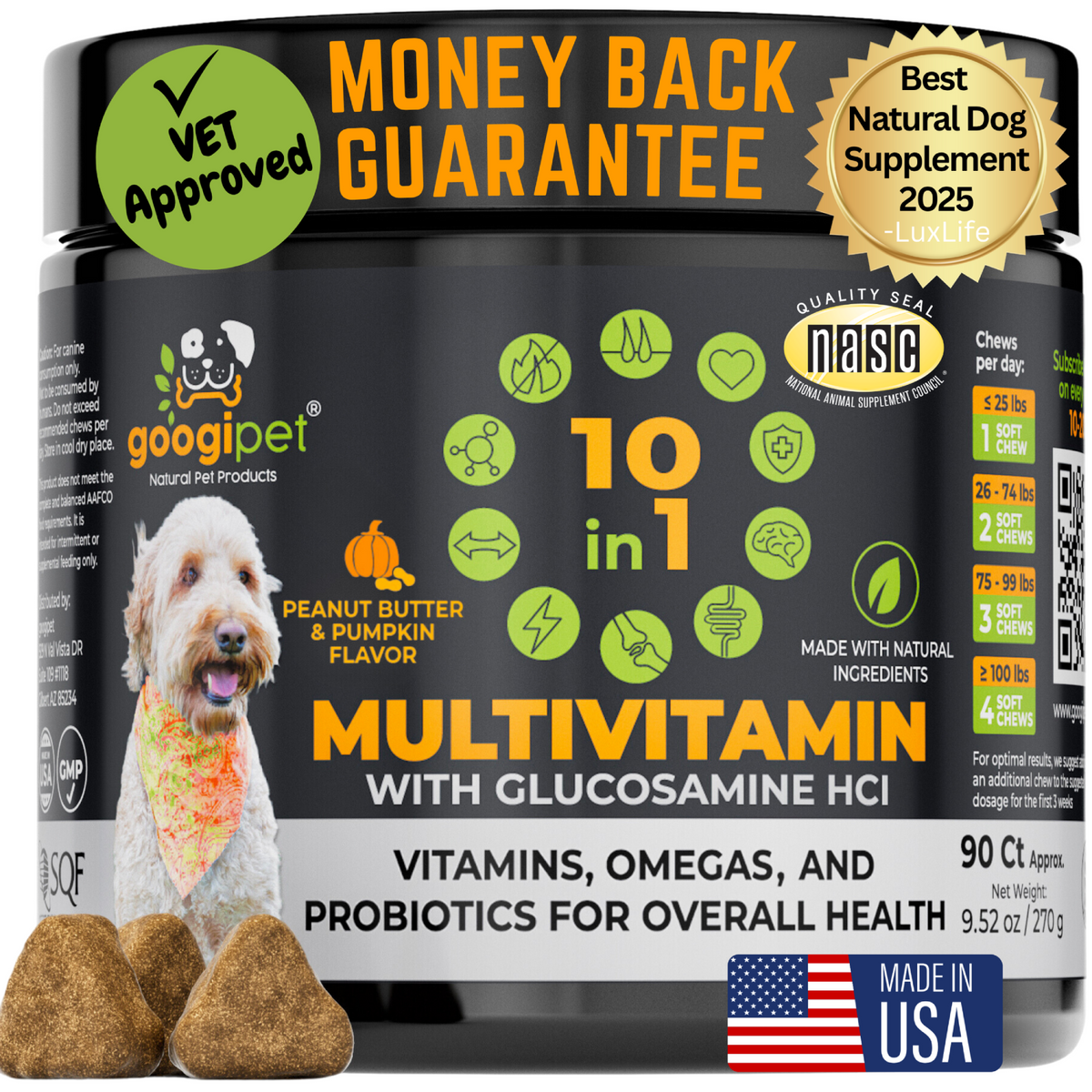 Dog multivitamin supplement container with branding and product details on a white background