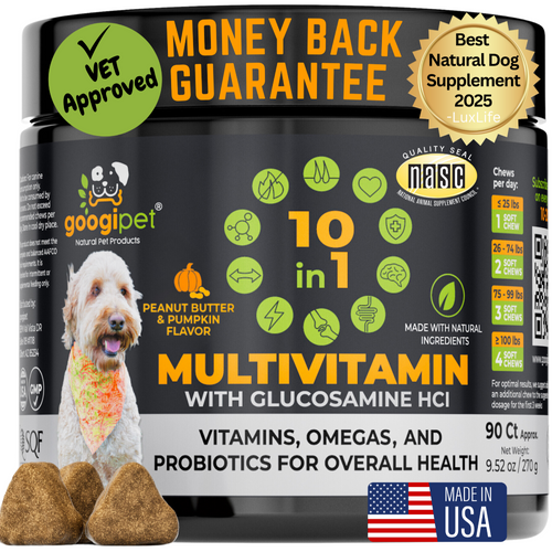 Dog multivitamin supplement container with branding and product details on a white background
