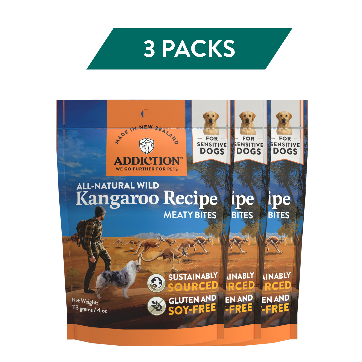 Kangaroo Meaty Bites Dog Treats package — 3-pack bundle
