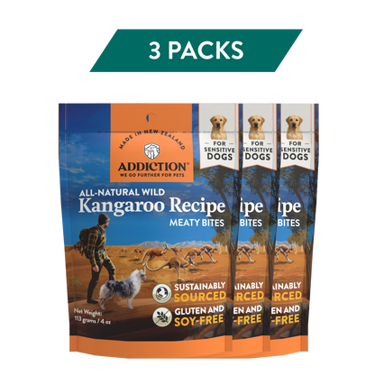Kangaroo Meaty Bites Dog Treats package — 3-pack bundle