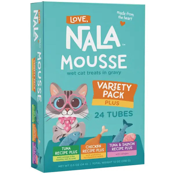 Nala Mousse cat treats variety pack on a white background
