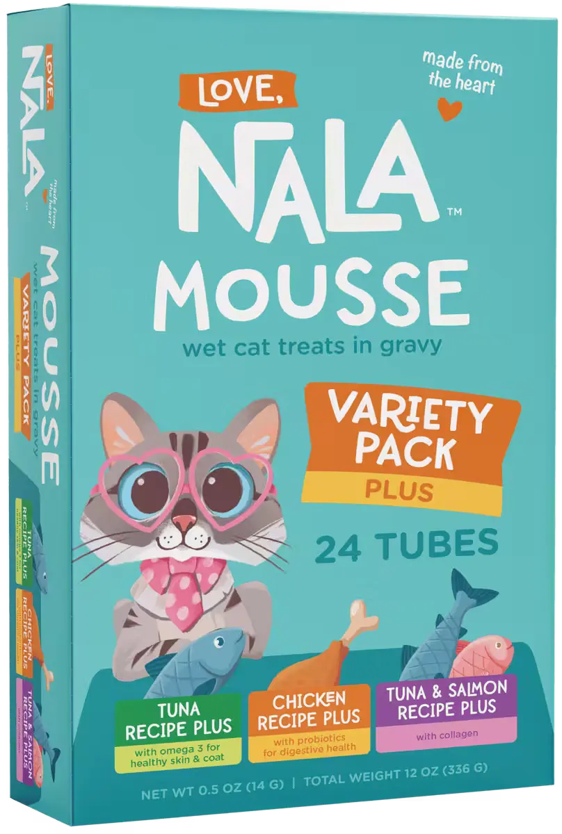 Nala Mousse cat treats packaging with a cat illustration on a teal background