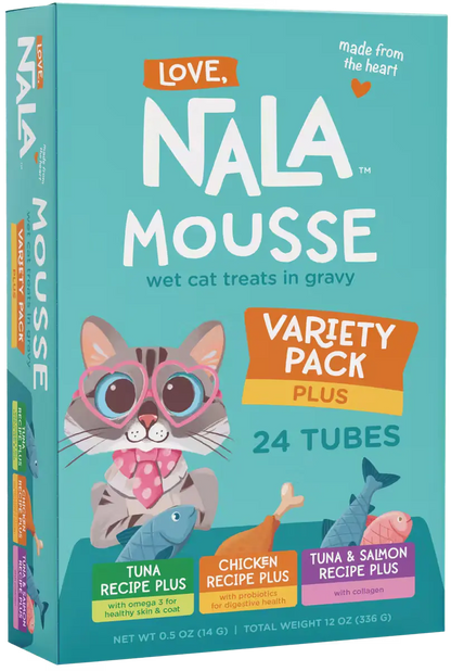 Nala Mousse cat treats packaging with a cat illustration on a teal background