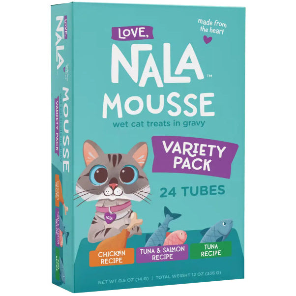 Nala Mousse cat treats variety pack box on a white background