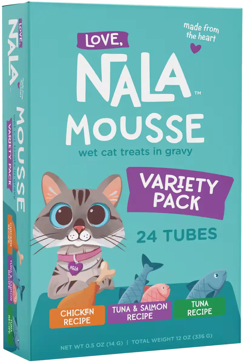 Nala Mousse cat treats packaging with a teal background and cat illustration.