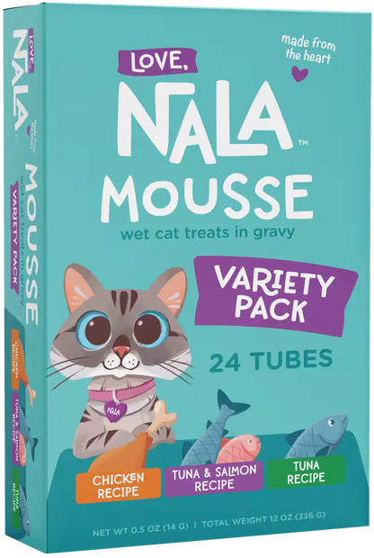 Nala Mousse cat treats packaging with a teal background and cat illustration.