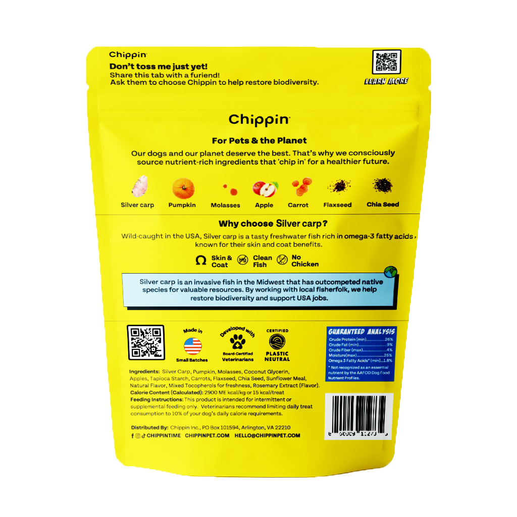 Yellow package of Chippin dog food with text and icons on a white background