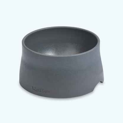 Gray pet bowl with 'K&H' branding on a light gray background
