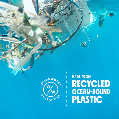 Underwater scene with plastic waste and text about recycled ocean-bound plastic, featuring the Oceanworks logo.