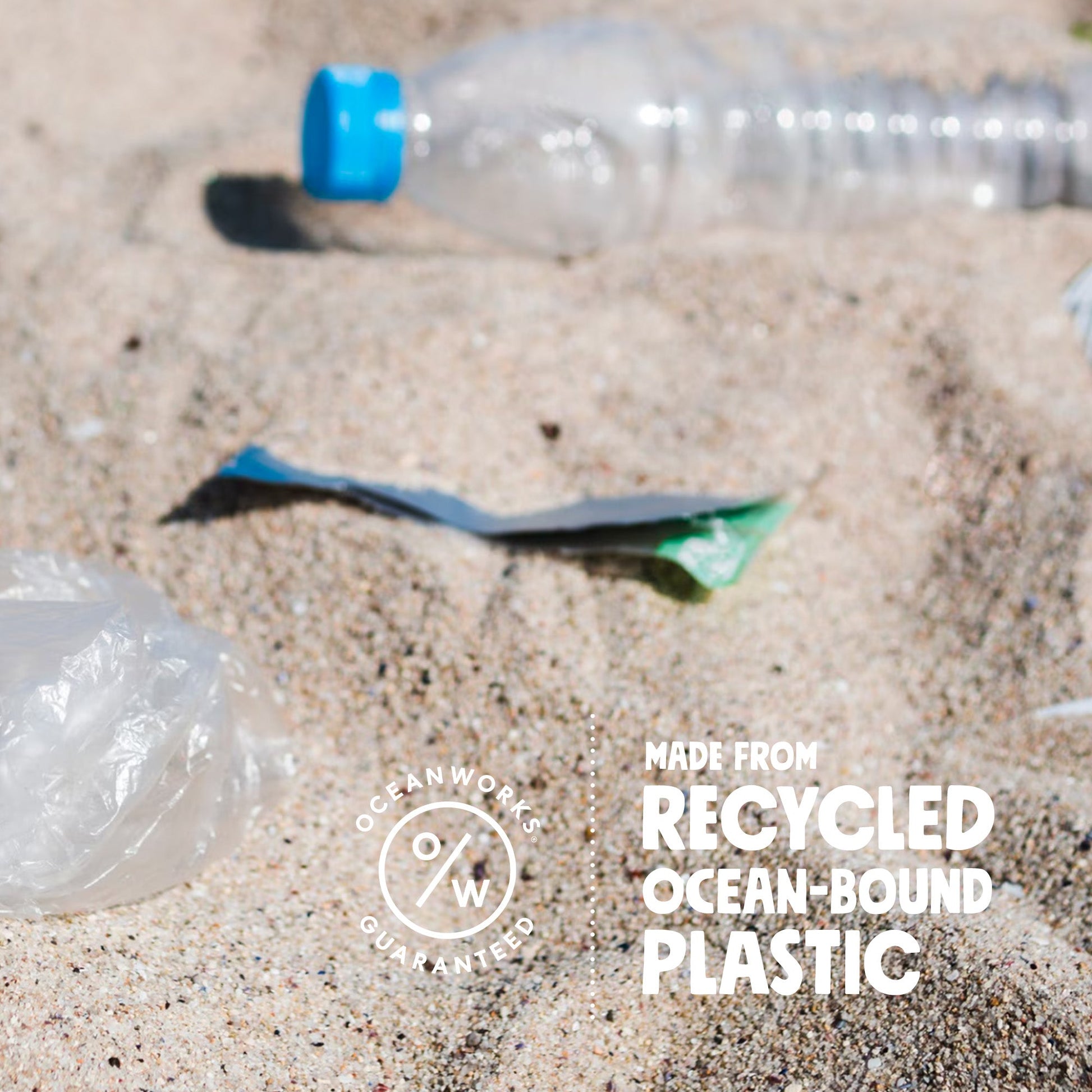 Plastic bottles on sand with 'Oceanworks' logo and text about recycled ocean-bound plastic.