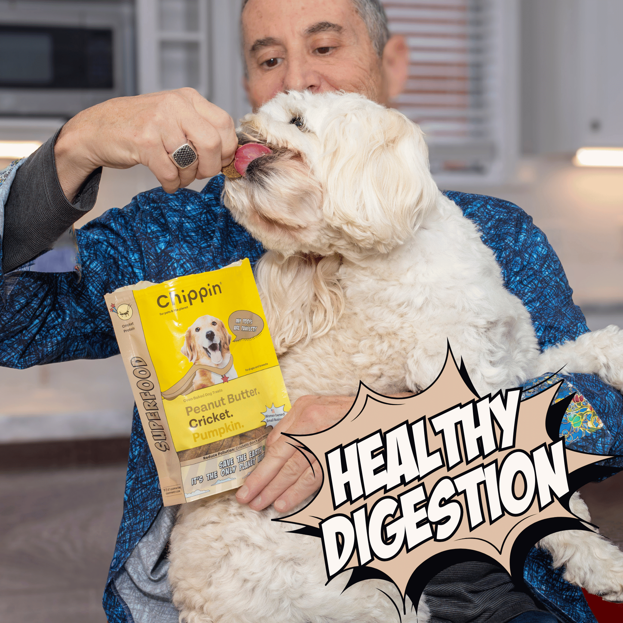 Man holding a dog with a Chippin product and text 'Healthy Digestion' in a kitchen setting.