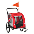 Red pet stroller with a flag on a white background
