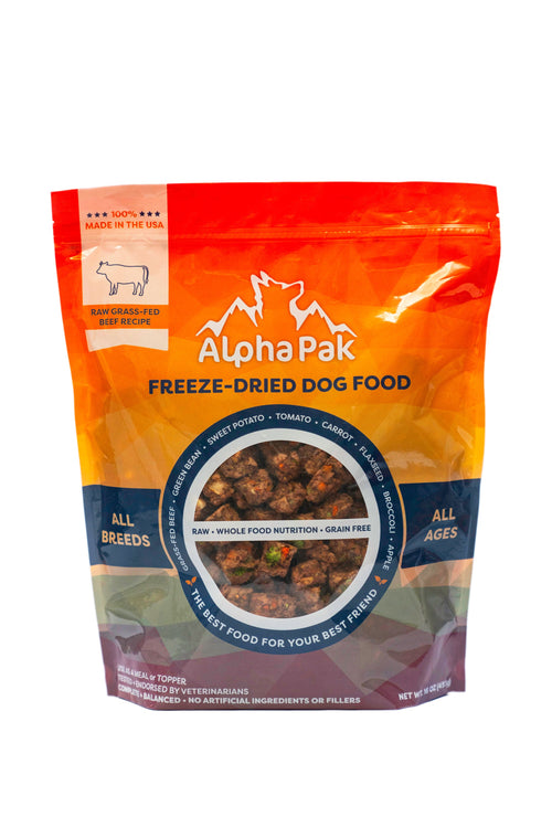 Alpha Pak freeze-dried dog food package on a white background