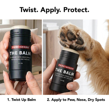 Pride & Groom The Balm product with instructions on application and benefits.