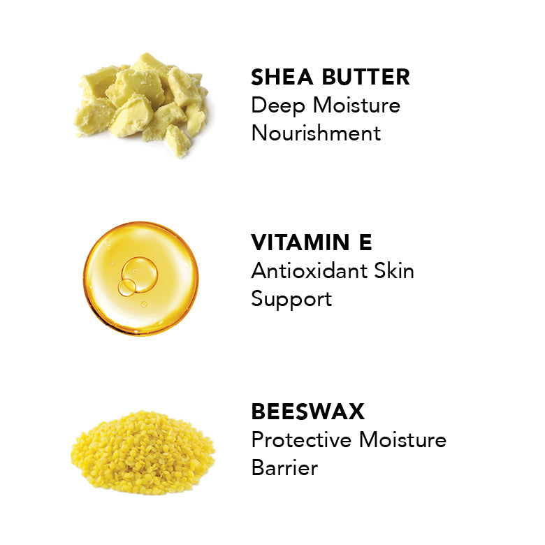 Shea butter, vitamin E, and beeswax with labels on a white background