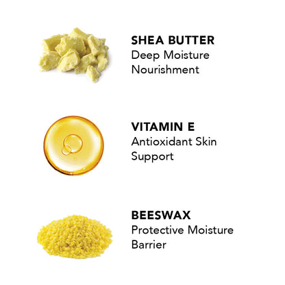 Shea butter, vitamin E, and beeswax with labels on a white background