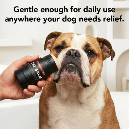Dog with a bottle labeled 'The Balm' with text about daily use.