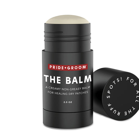 Black balm stick with 'Pride & Groom' branding on a white background
