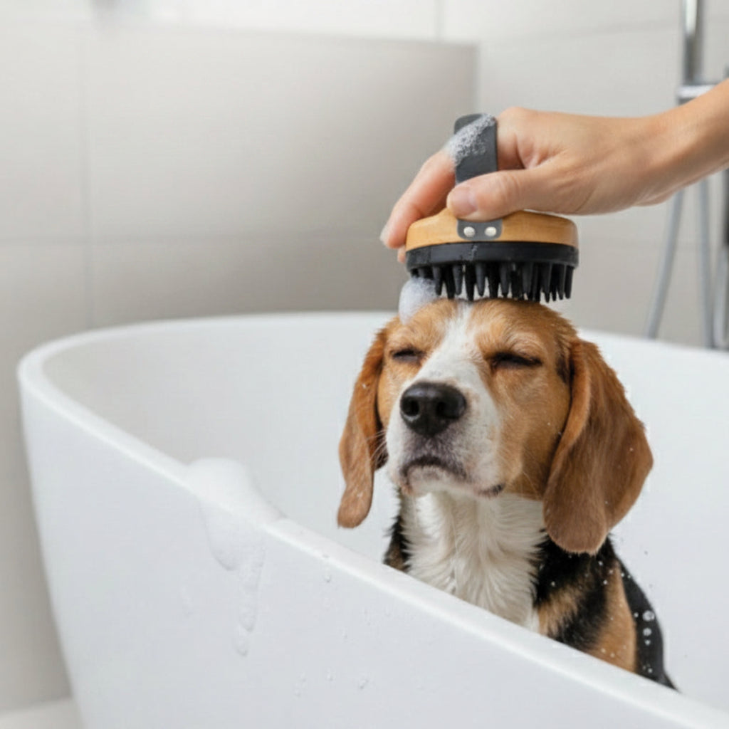 Dog being groomed with a brush in a bathtub, text indicating grooming benefits.