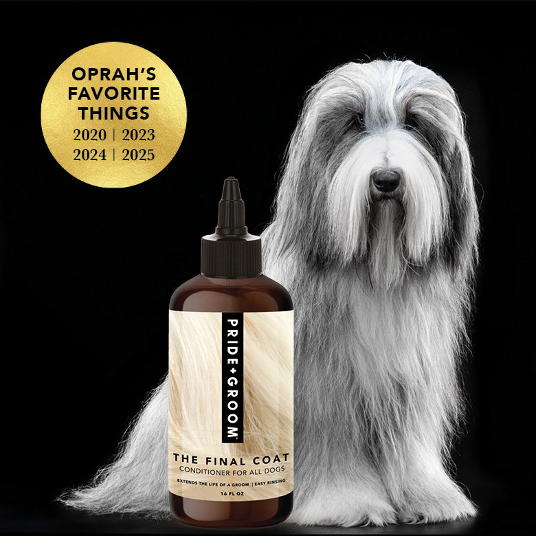 Dog grooming product with a dog and Oprah's Favorite Things label on a black background
