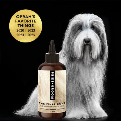 Dog grooming product with a dog and Oprah's Favorite Things label on a black background