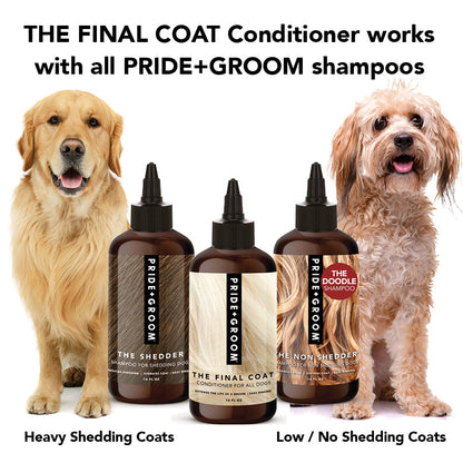 Two dogs standing next to bottles of Pride & Groom shampoo and conditioner with text about product compatibility.