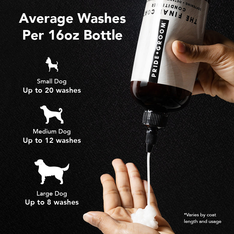 Hand holding a bottle of Pride & Groom pet grooming product with usage information on a black background.