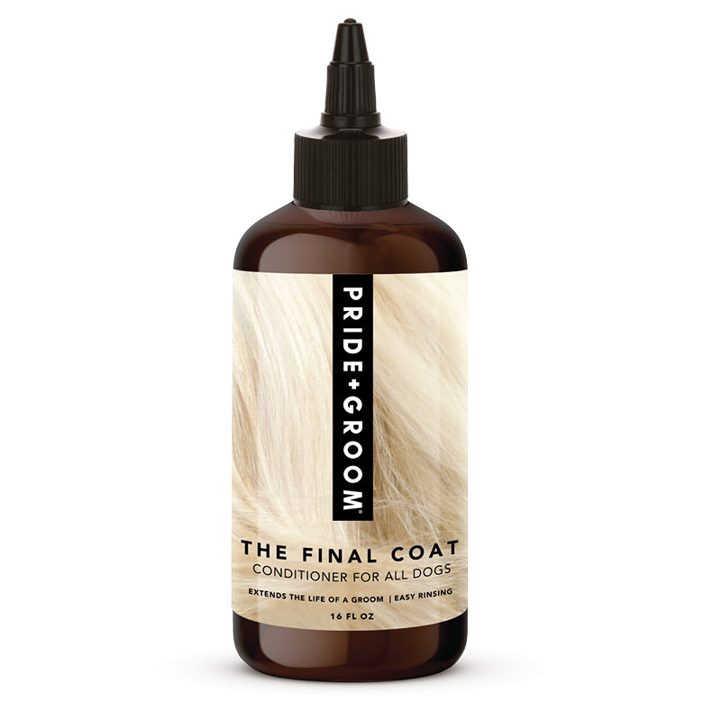 Bottle of 'The Final Coat' conditioner for dogs by Pride Groom on a white background