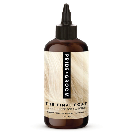 Bottle of 'The Final Coat' conditioner for dogs by Pride Groom on a white background