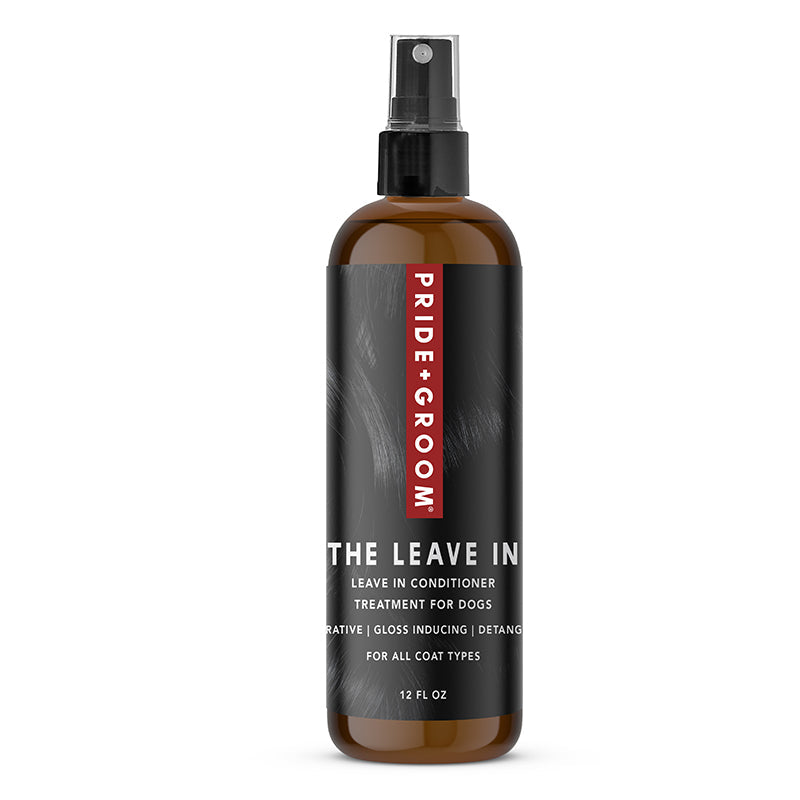 Bottle of Pride Groom Leave In Conditioner for dogs on a white background